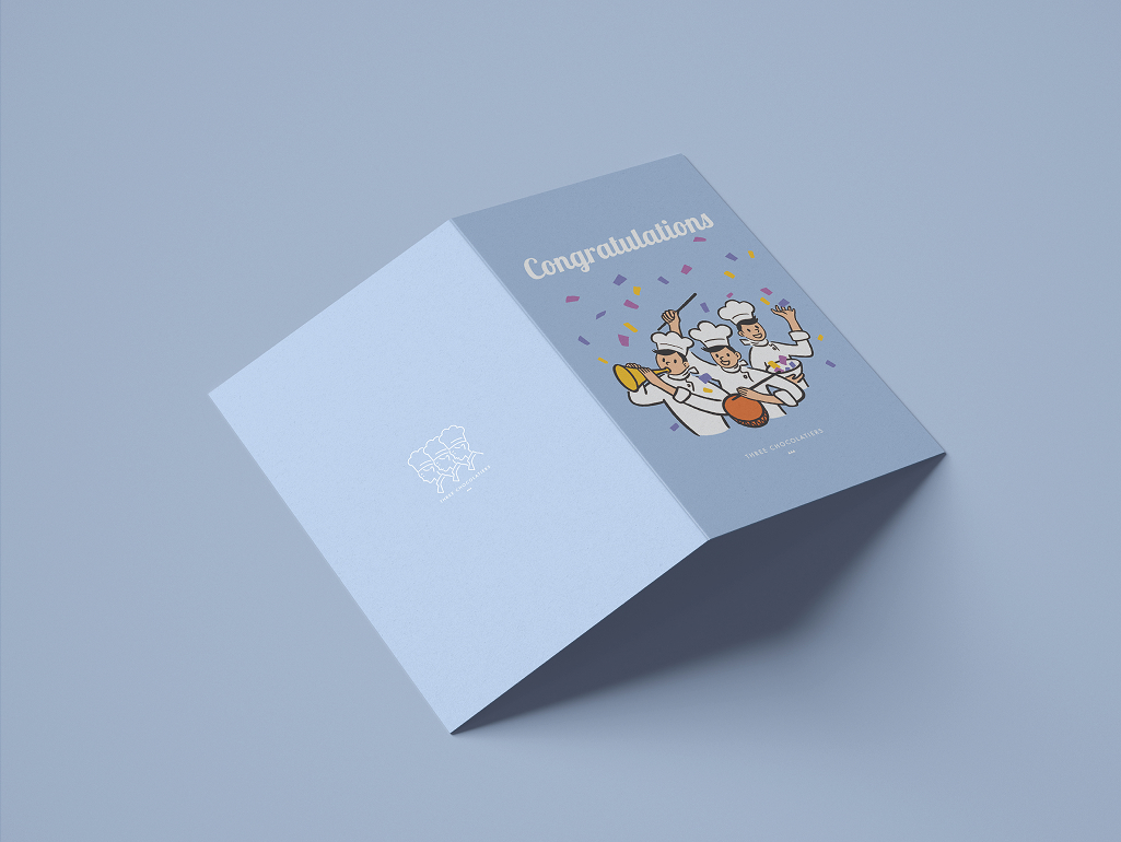 Three Chocolatiers blue postcard